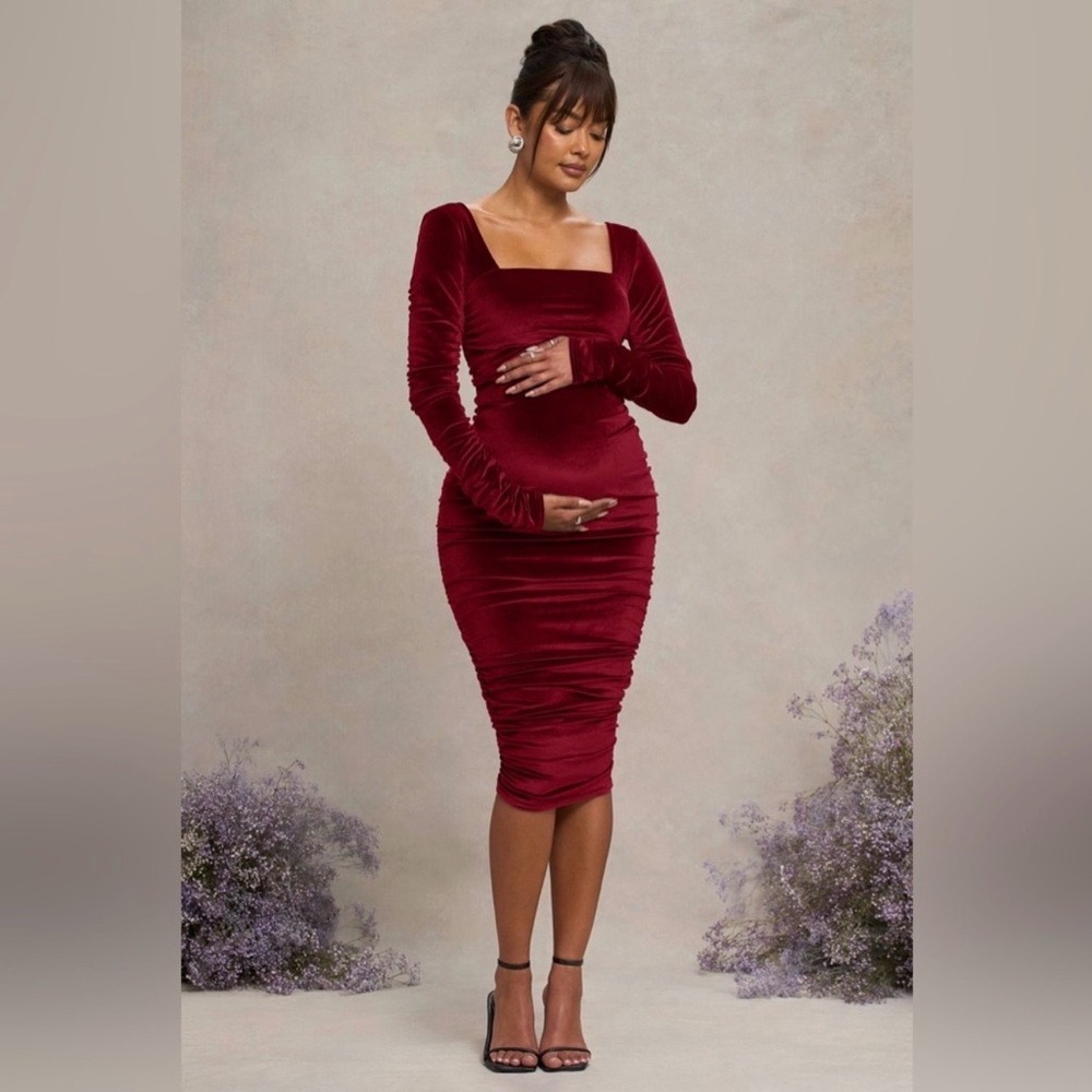 Club L London - Red Velvet Maternity Ruched Maternity Dress - Size US 4 - NWT